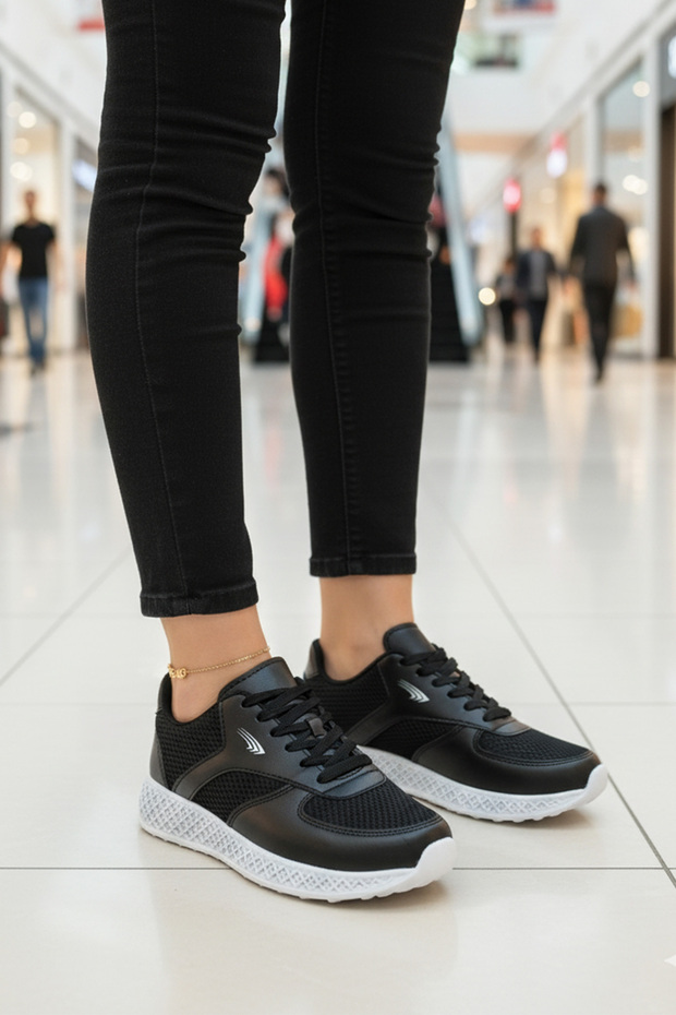 Women's Black and White Sole Mesh Anorak Laced Lightweight Sneaker Comfortable Running Shoes with Non-Slip Soles