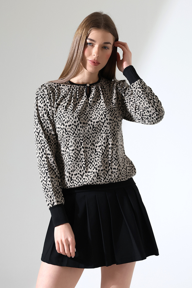 Harare női húzózsinóros leejtő nyakú gombos LEOPARD Jacquard rugalmas fésült pamut hosszú ujjú blúz és hidzsáb blúz - 1