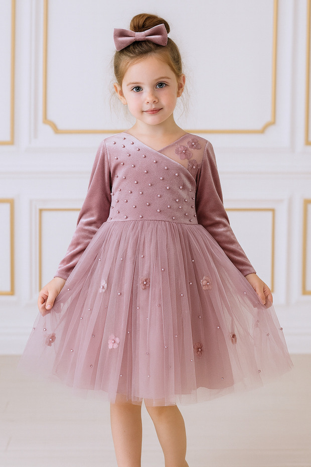 Girls' Velvet and Tulle Dress, Ideal for Special Occasions.