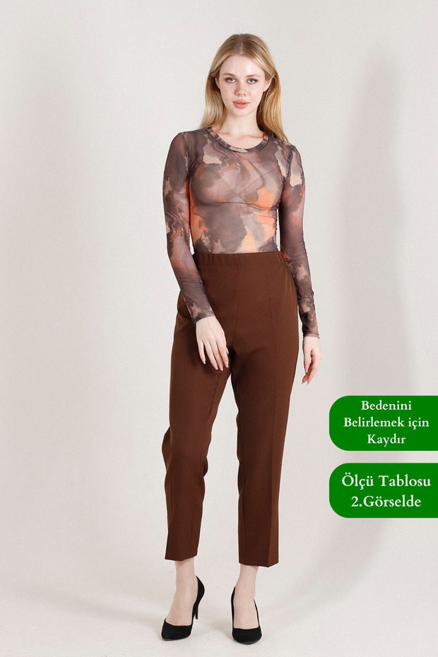 1005 Brown Carrot Leg High Waist Lycra Woven Women's Trousers