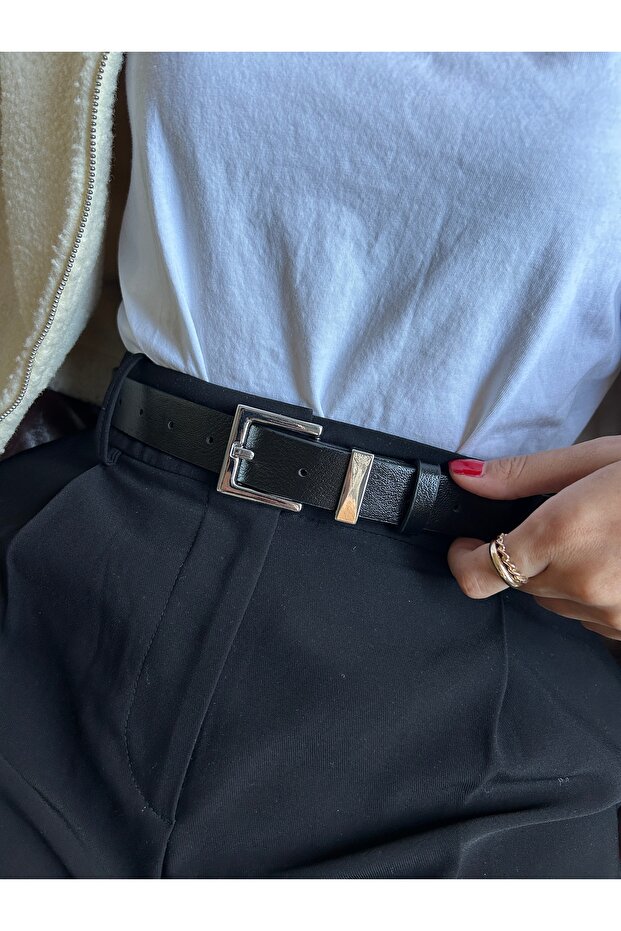 Knot Classic Square Patterned Women's Silver Buckle Belt Coat Belt Dress Belt Trouser Belt