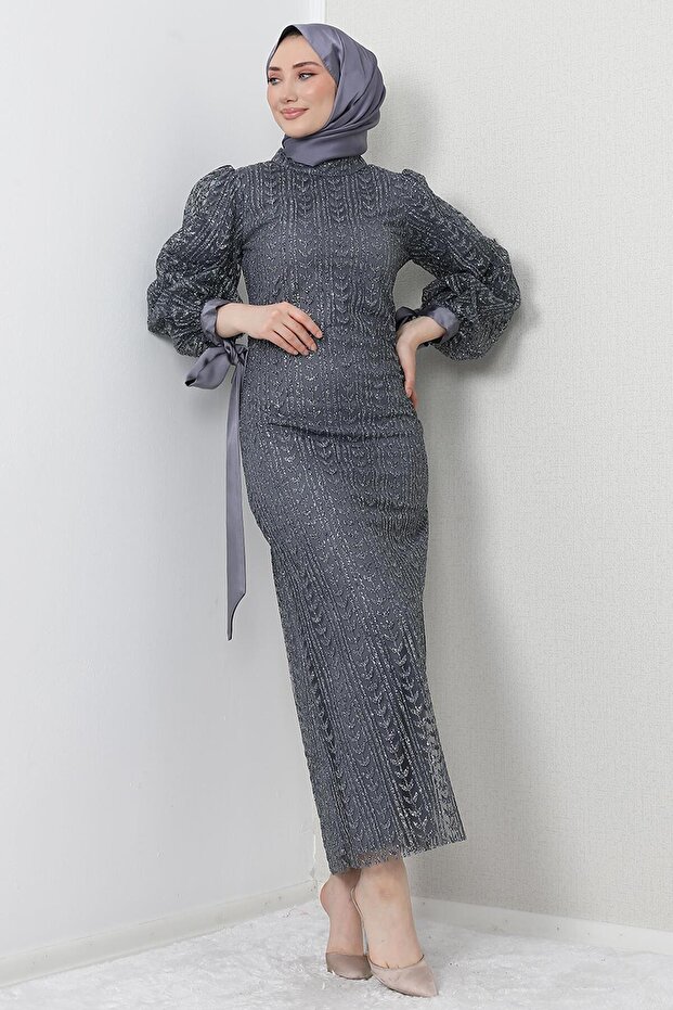 Pearl Hijab Evening Dress Dark Gray