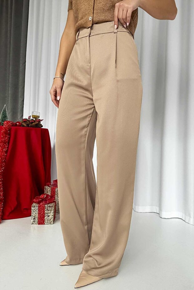 High Waist Double Leg Satin Trousers - Beige