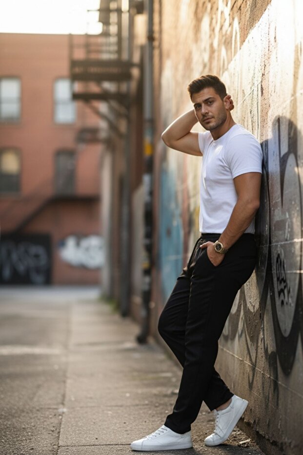 Erkek Bel Lastikli Düz Paça Dar Basic Siyah Pantolon - 5