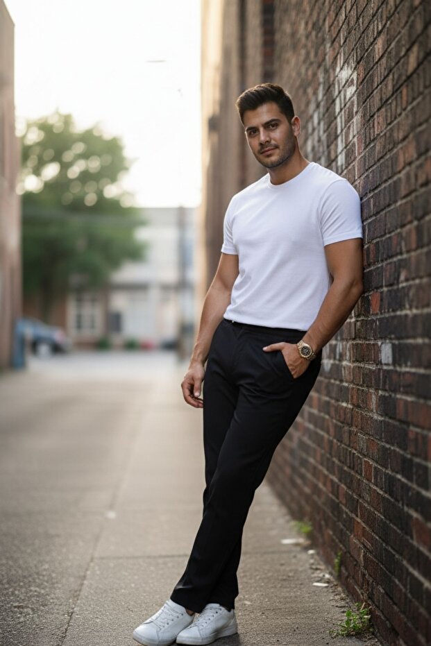 Erkek Bel Lastikli Düz Paça Dar Basic Siyah Pantolon - 6