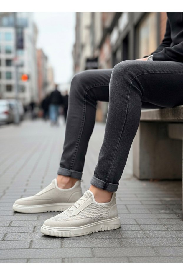 Laceless Rubber Detailed Knitwear Men's Hi Sneaker Beige (Beige Sole)