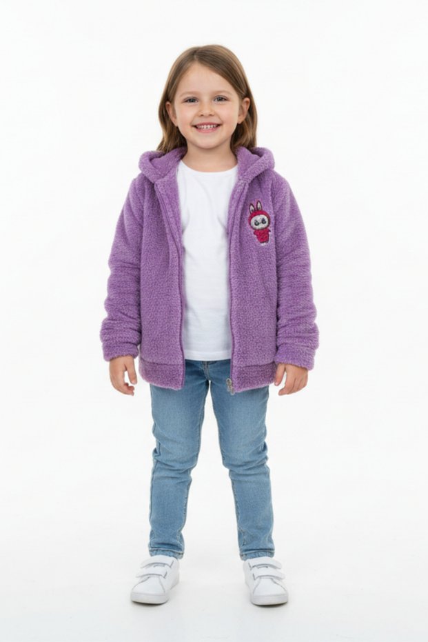 Embroidered Zippered Baby Girl Plush Welsoft Winter Cardigan