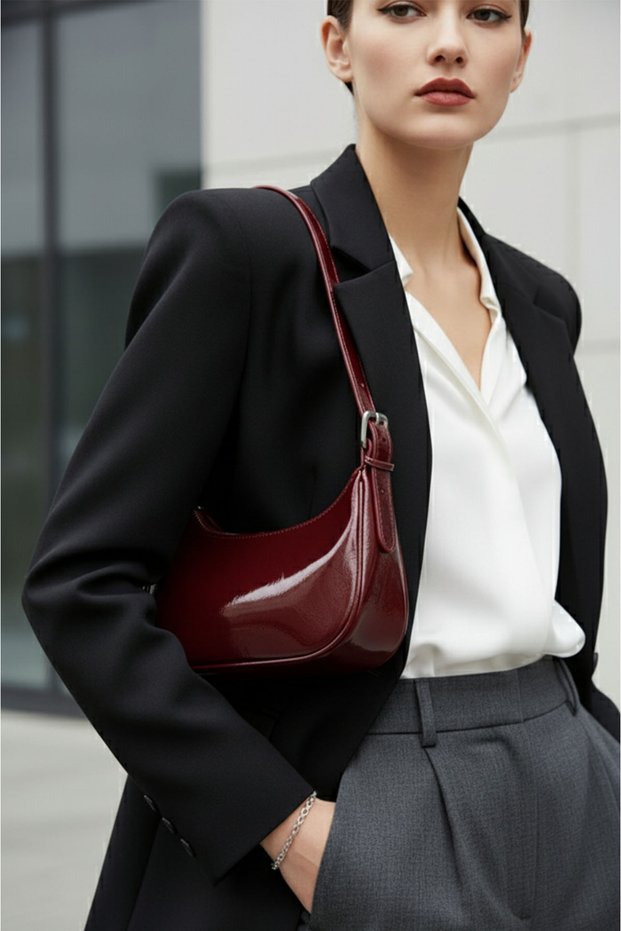 Burgundy Trend Patent Leather Baguette Shoulder Bag