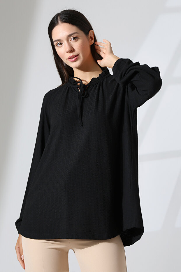 Elista Women's Ruffle Lace-Up Drop Neck Drawstring Combed Cotton Jacquard Long Sleeve Blouse & Hijab Blouse - Black