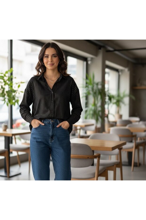 İnci Wears Women's Foil Striped Oversize Shirt Black