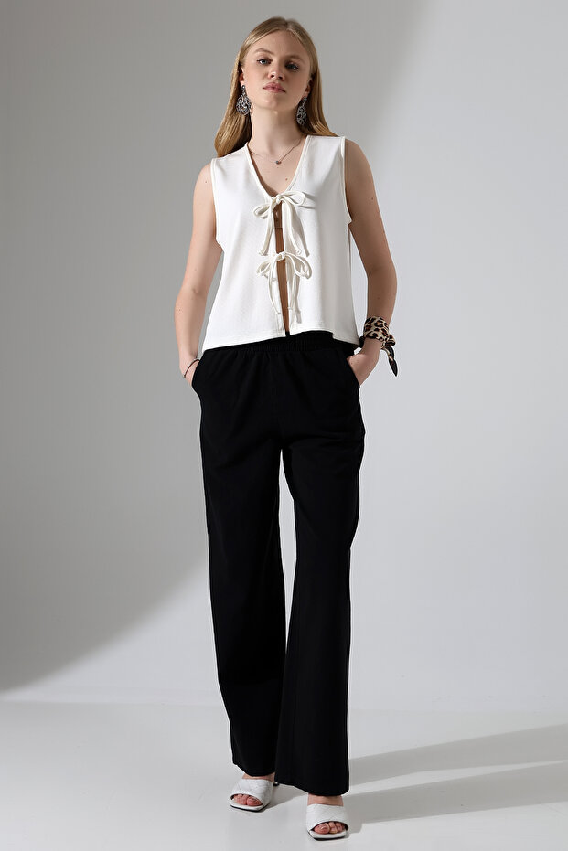 Aust Women's Bow Tie Detailed Textured Vest & Blouse & Cardigan - Ecru