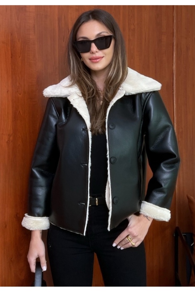 Women's Black Fur Lined Buttoned Leather Coat