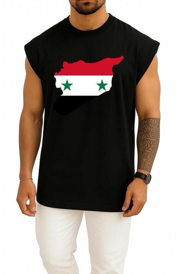 قميص بدون أكمام بتصميم خريطة وعلم سوريا كبير الحجم