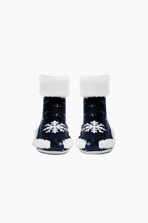 Navy Blue Snowflake Patterned Kids Slippers