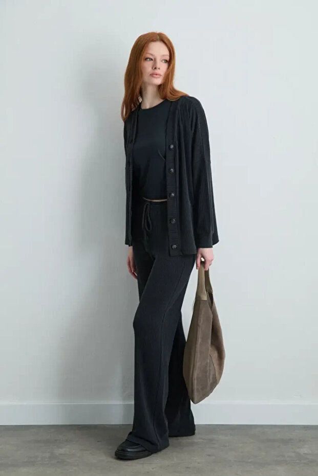 Fitilli Modal Örme Hırka - Gri - 1