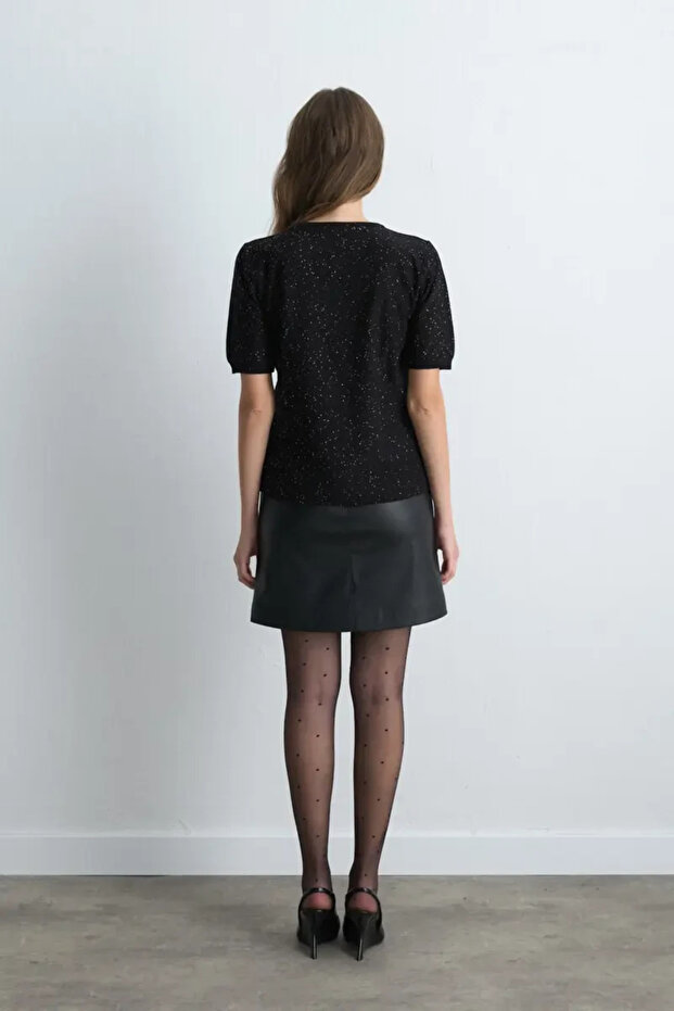 Pullu Kısa Kollu Triko Bluz - Siyah - 3