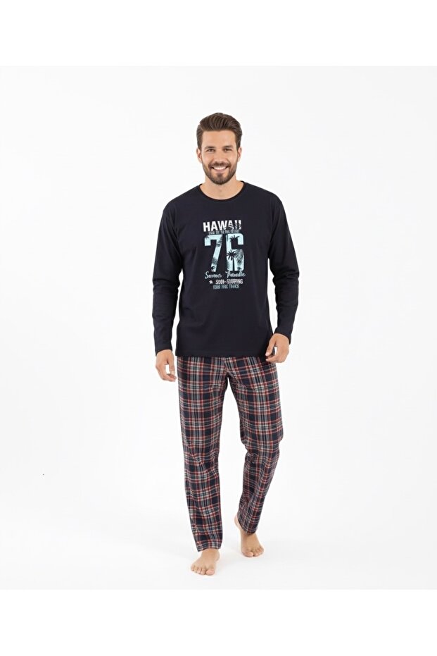 Long Sleeve Plaid Patterned Men's Pajama Set with Six Checks Cotton and Comfortable Fabric