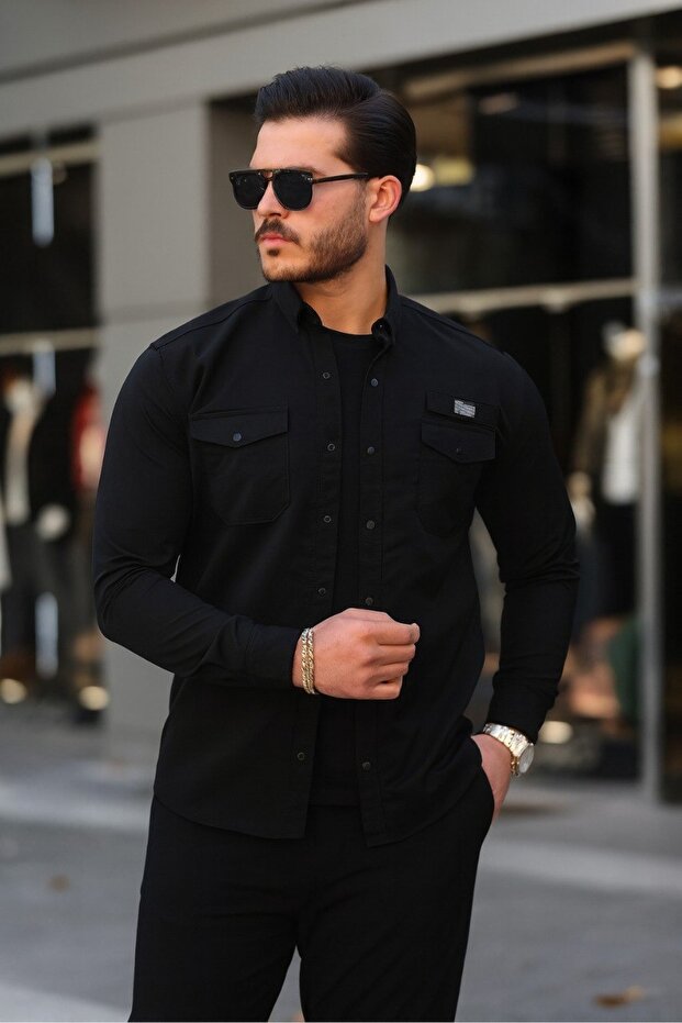 Men's Parachute Fabric Long Sleeve Slim Fit Black Shirt with Pockets