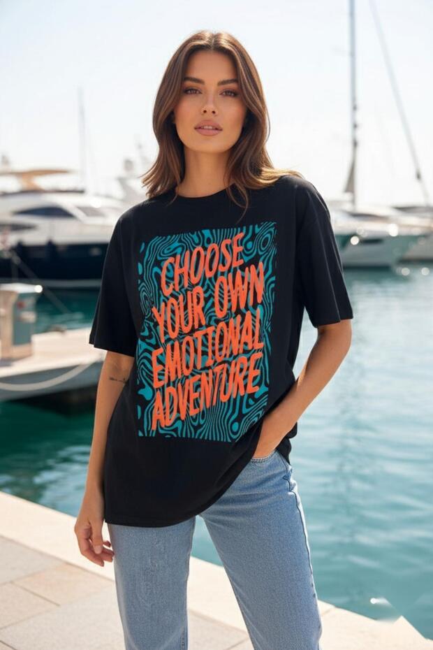 Printed Basic Short Sleeve T-Shirt Black - 1