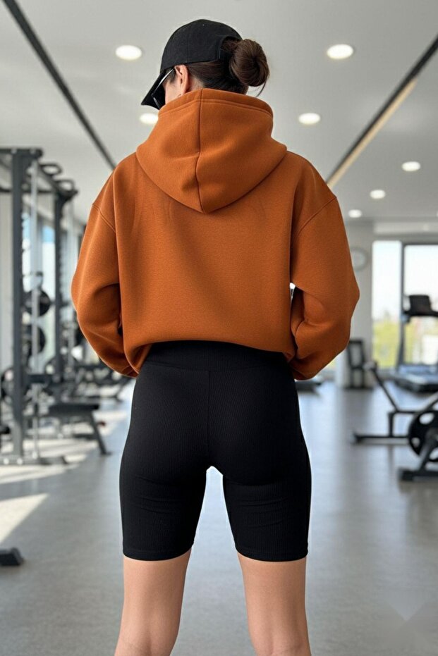 Oversize Polarlı Premium Kalın Sweatshirt Taba - 4