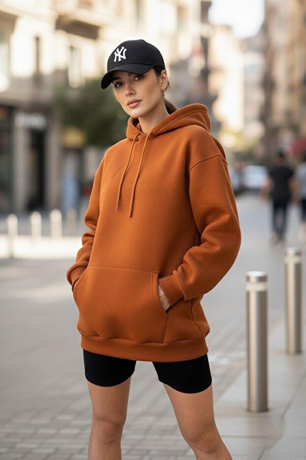 Oversize Polarlı Premium Kalın Sweatshirt Taba - 1