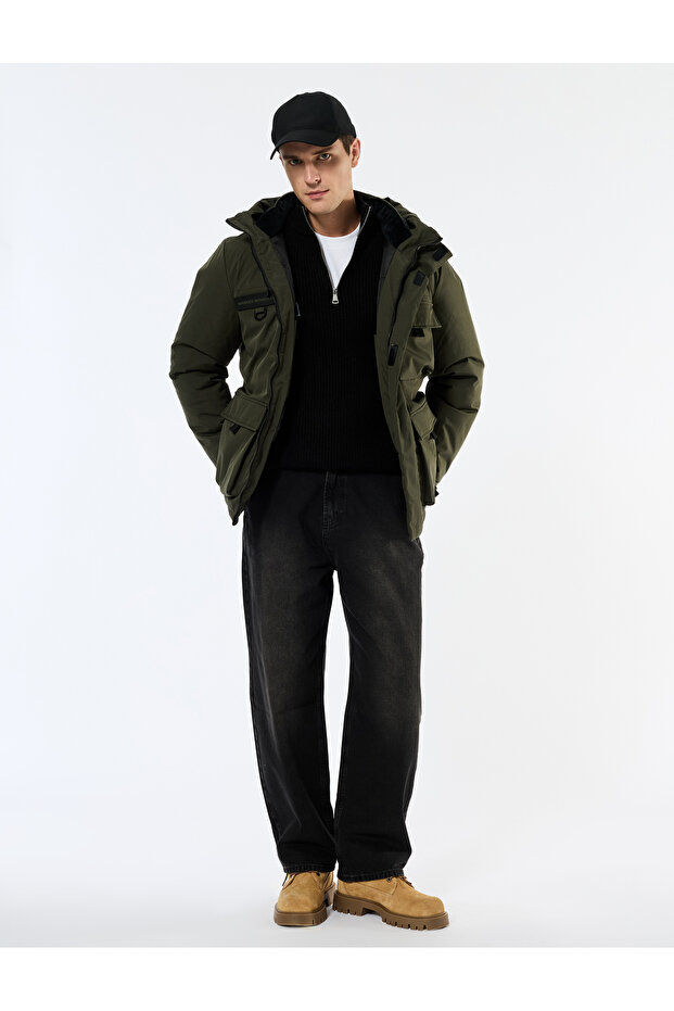 Long Sleeve Hooded Winter Parka with Flap Pockets and Zipper Closure
