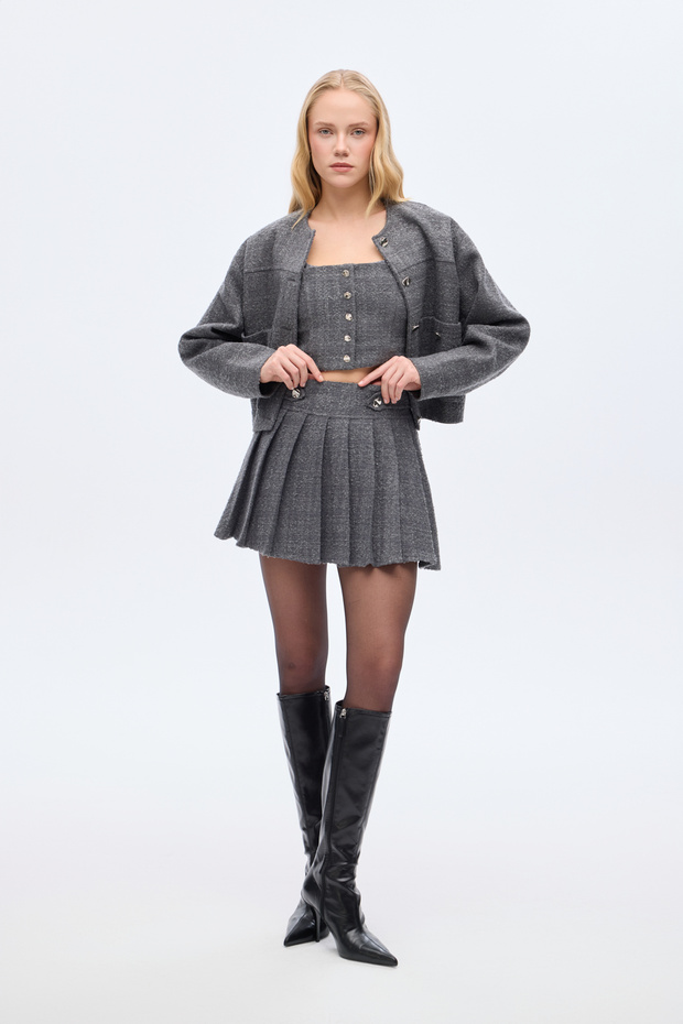 Button Detailed Pleated Tweed Mini Skirt Anthracite