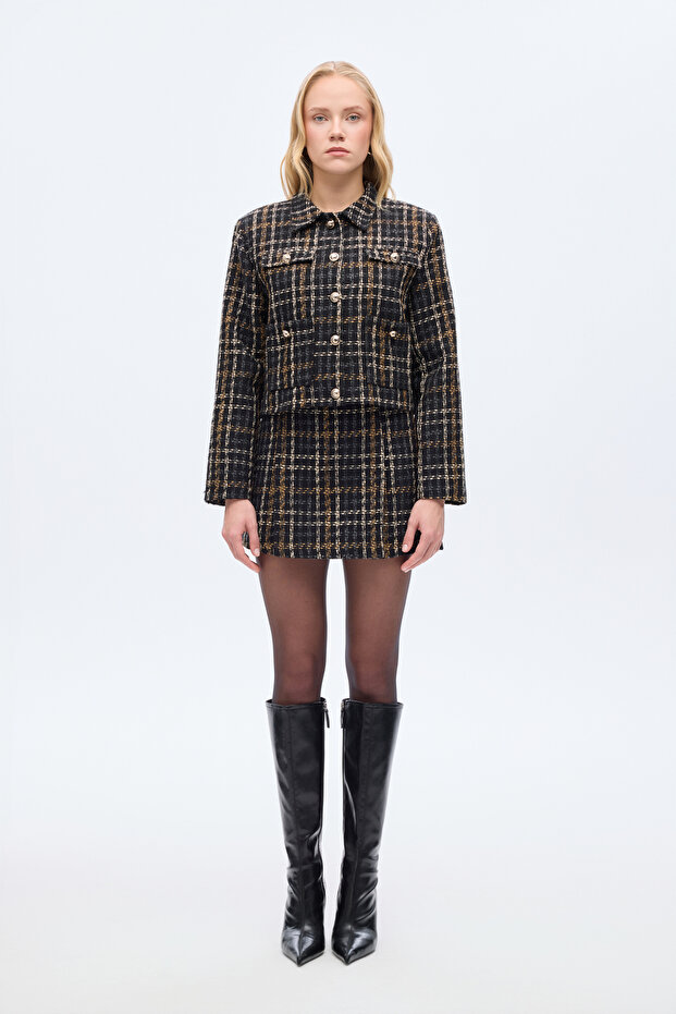 سترة تويد بأزرار وجيبين مزدوجين باللون الأسود - 4