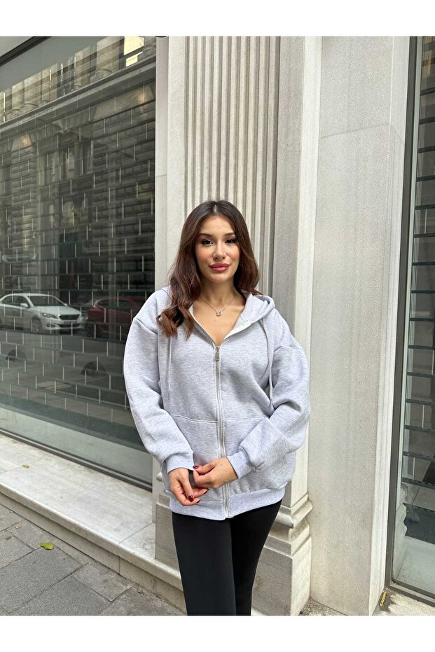 Women's Light Gray Inside Fleece Zippered Hooded Oversize Sweatshirt with Pockets