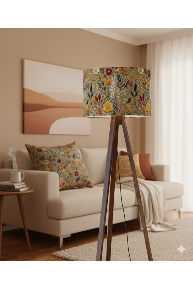 El Yapımı Sonbahar Çiçekleri Desenli Kumaş Tripod Ayaklı Lambader - 6