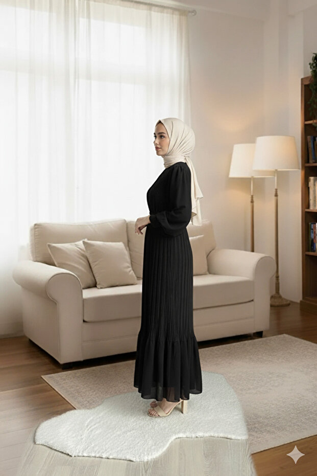 Piliseli Şifon Tesettür Elbise - 2