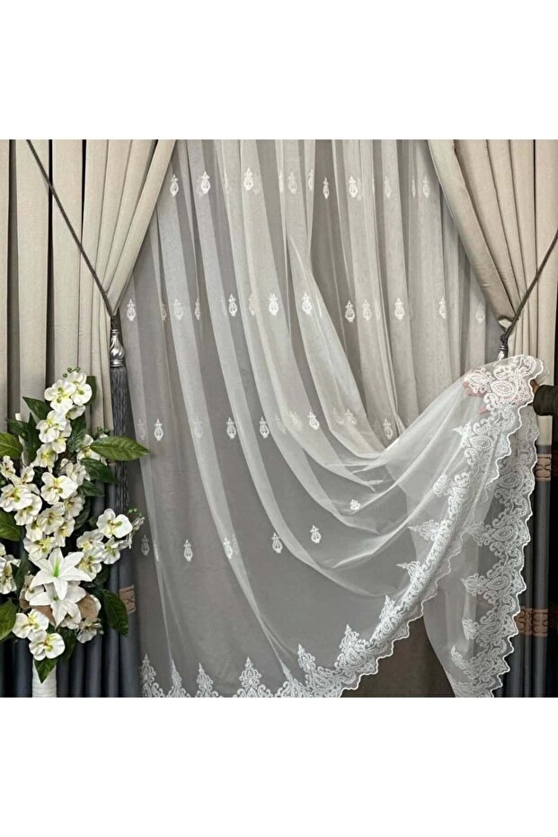Taçhome Spreading Patterned Titim Floor Living Room Tulle Curtain