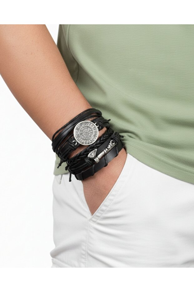 Viking 5-Piece Genuine Leather Bracelet with Scandinavian Axe and Compass Figures