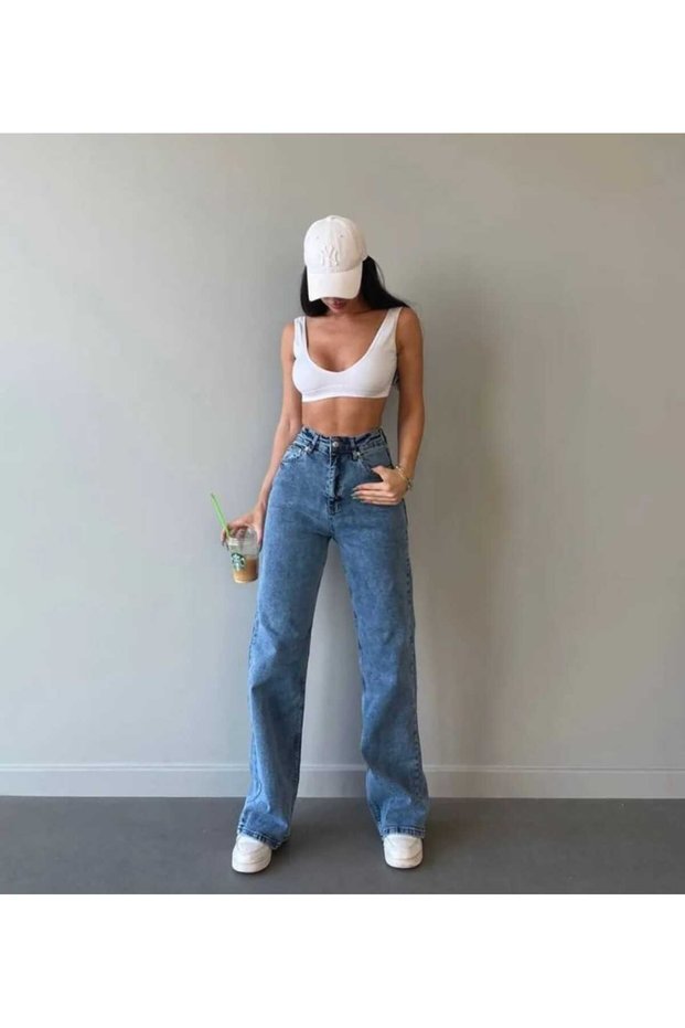 Elsiyum Women Stretch Fabric Women's Blue Medium Snow Super High Waist Loose Leg Denim Jeans Palazzo Pants
