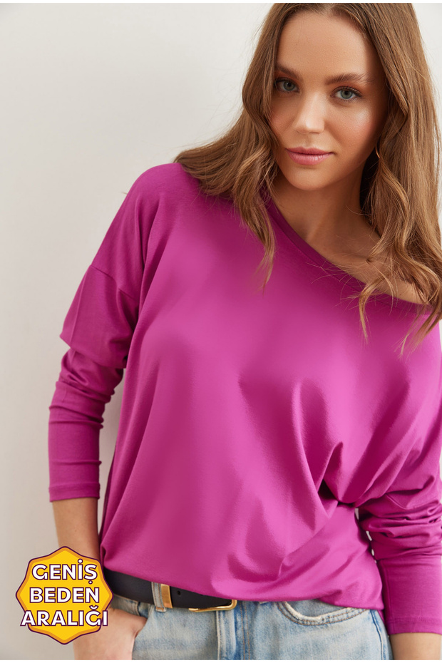Women's Purple Crew Neck Bat Flowy Viscose Blouse Blz- 19002588