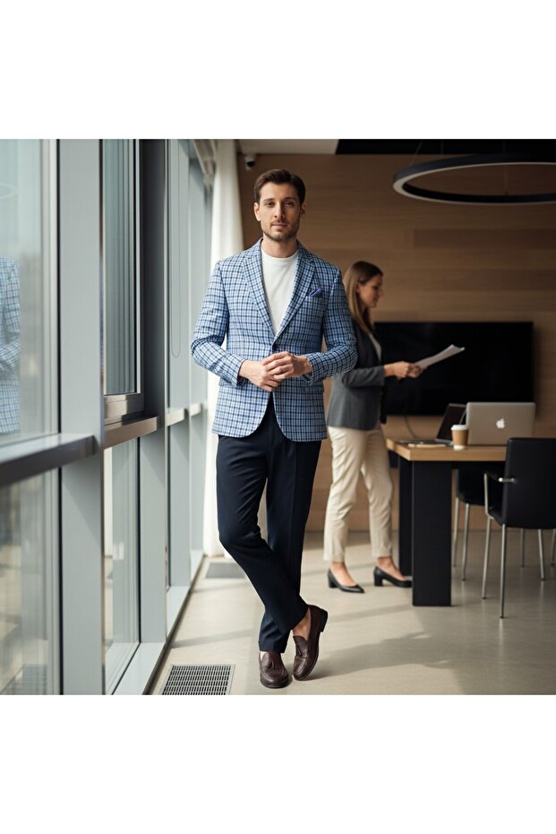Assente Men's Navy Blue - Blue Linen Look Plaid Slim Fit Mono Collar Sports Blazer Jacket
