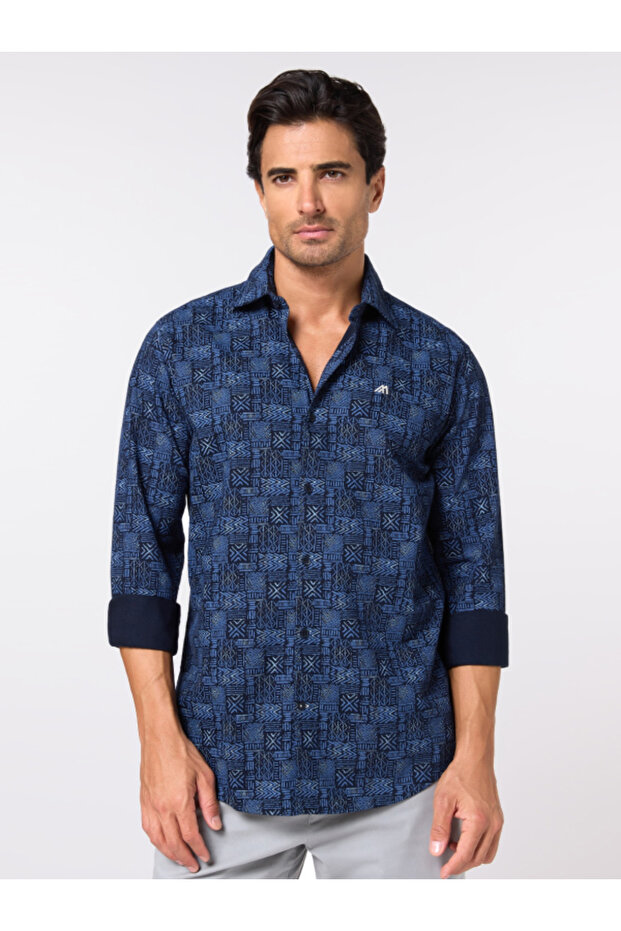The Luxe Print – Navy Oxford Shirt with Rich Printed Finish, Slim Fit