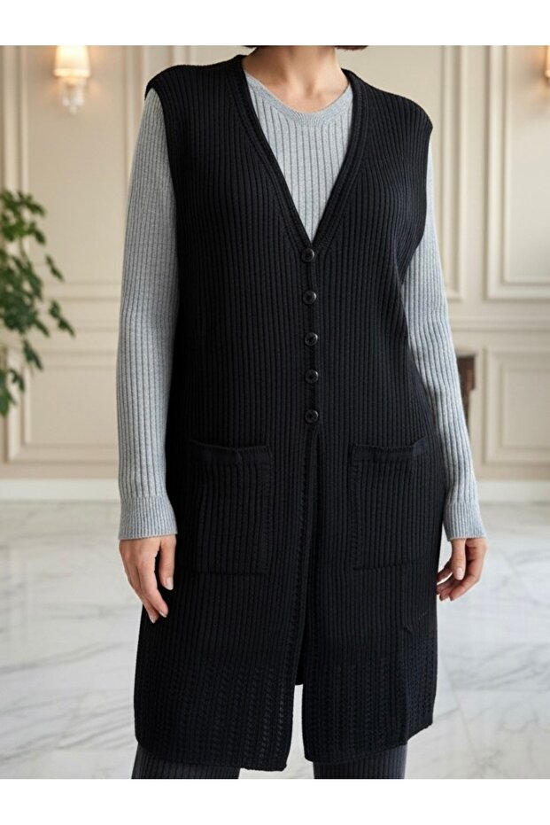 Mercerized Modern Hair Knit Single Knit Long Mother Vest / Black