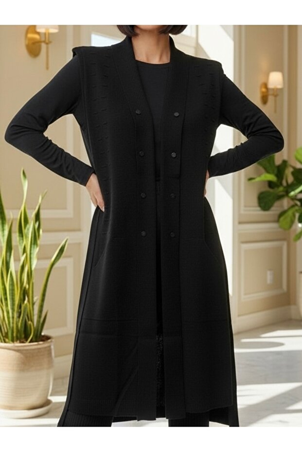 Şık Düğmeli Triko Genç Yeleği / Siyah - 2