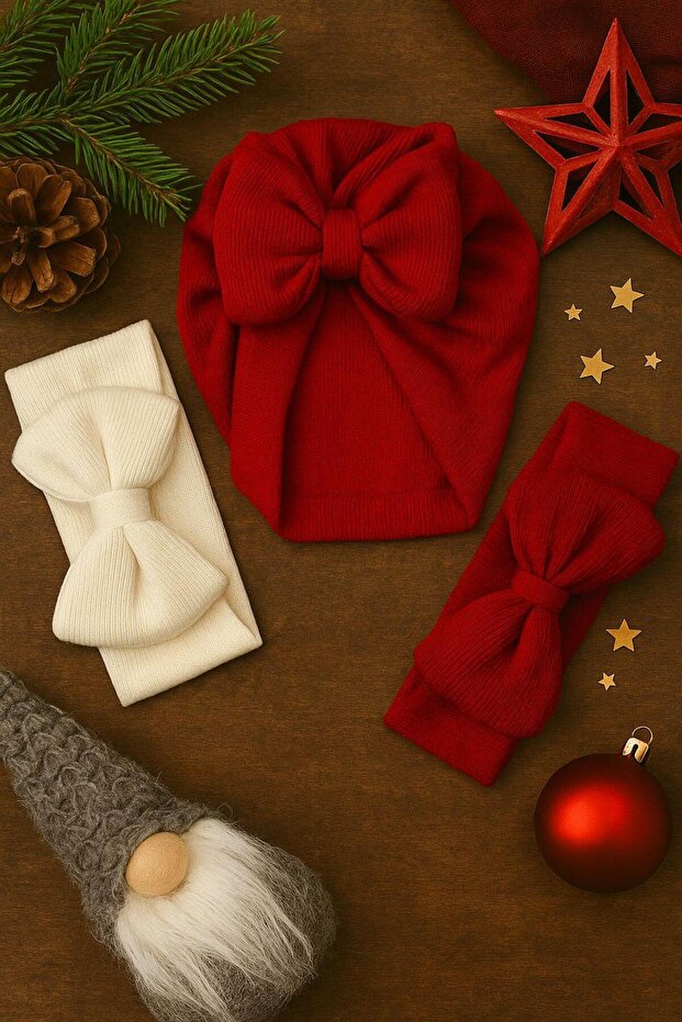 Double Layer Baby Bonnet with Bow (Red) + Bandana (Red/Ecru) Set of 3