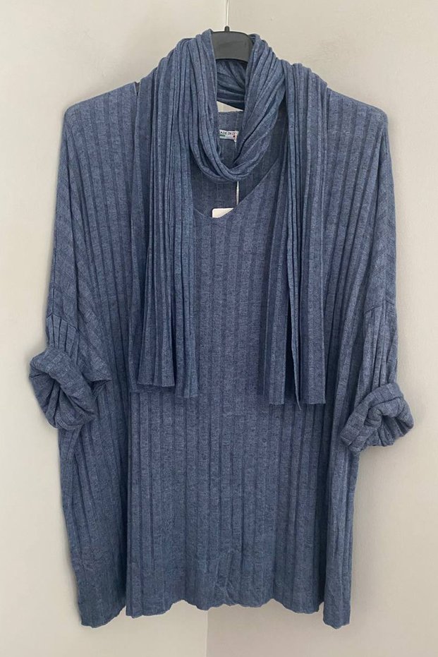 Women's Italian Indigo Blue V-Neck Scarf Patterned Loose Knitwear Blouse