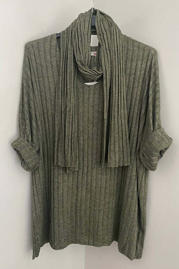 Women's Italian Khaki V-Neck Scarf-Style Striped Patterned Loose Knit Blouse
