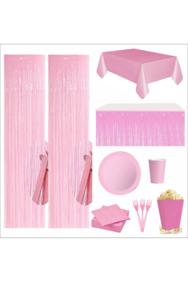 Pink Tablecloth, Table Skirt, 2 Plates, 8 Cups, 8 Corn Boxes, 10 Forks, 10 Pink Napkins