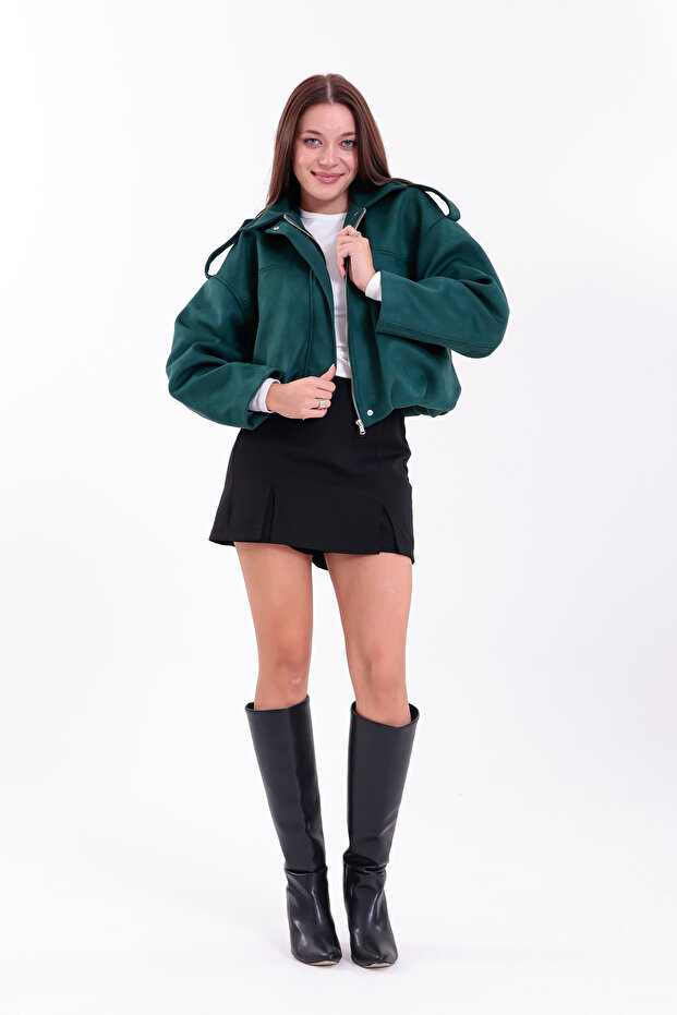 OVERSIZE YEŞİL SÜET BOMBER CEKET - 3