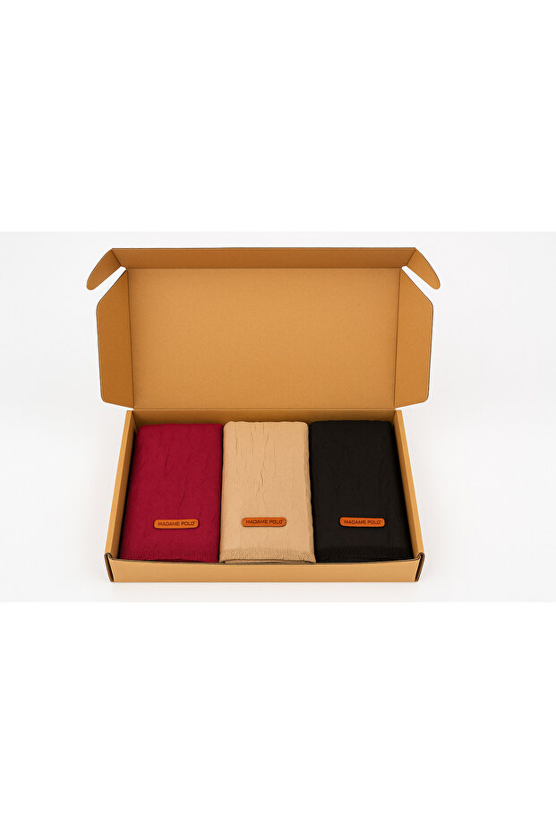 Our 3-Piece Shawl Set Is Burgundy, Gray, and Black.