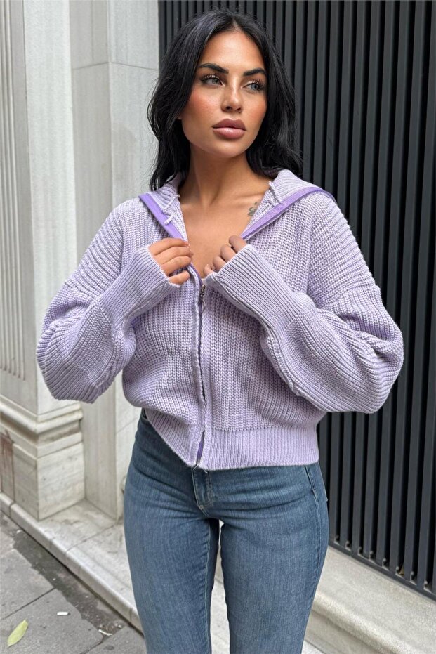 Lilac Zippered Knit Sweater/Cardigan with Zipper Closure and Finger Loops