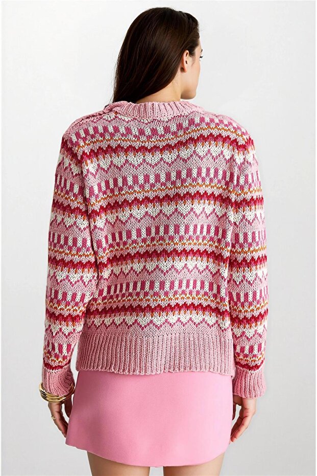 Pink Shoulder Patch Patterned Round Neck Knit Sweater - 2