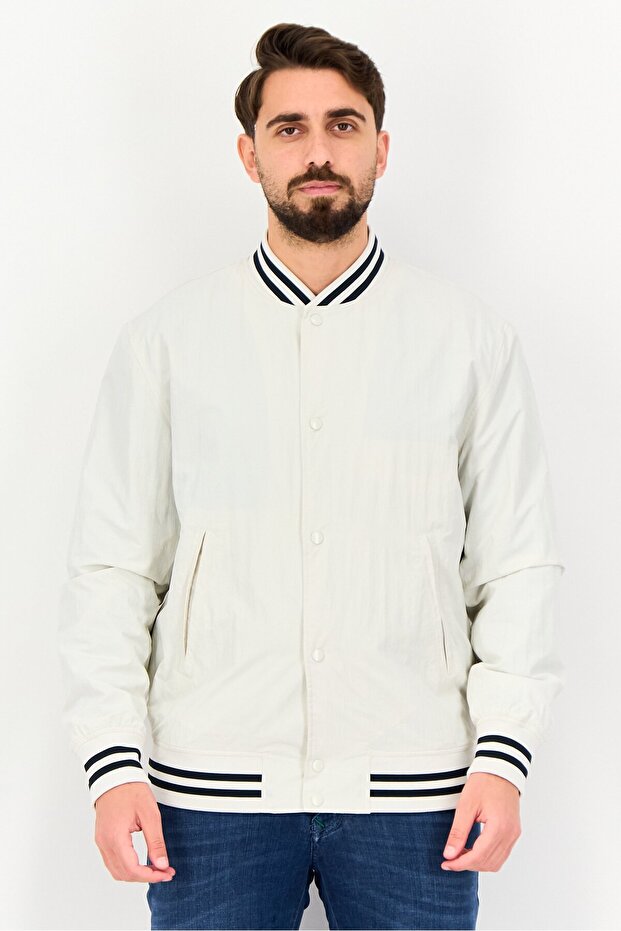 Men Solid Windbreaker Jacket, Off White - 1