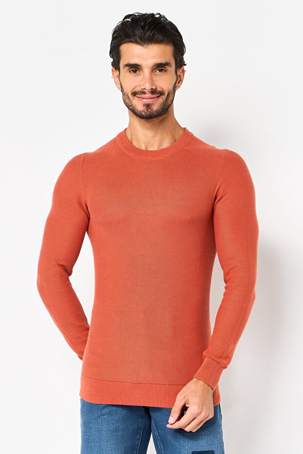 Men Crew Neck Long Knitted Sweater, Orange