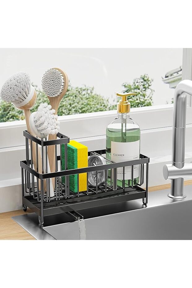 Black Sponge Holder for Kitchen Sink, Sink Caddy Organizer with High Brush Holder